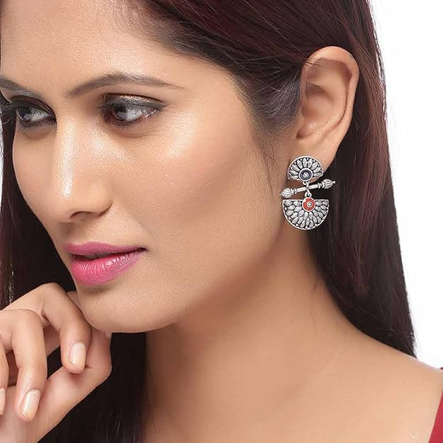 Voylla Brass Silver Oxidised Mandala Design Lightly Embellished Drop Earrings for Women and Girls