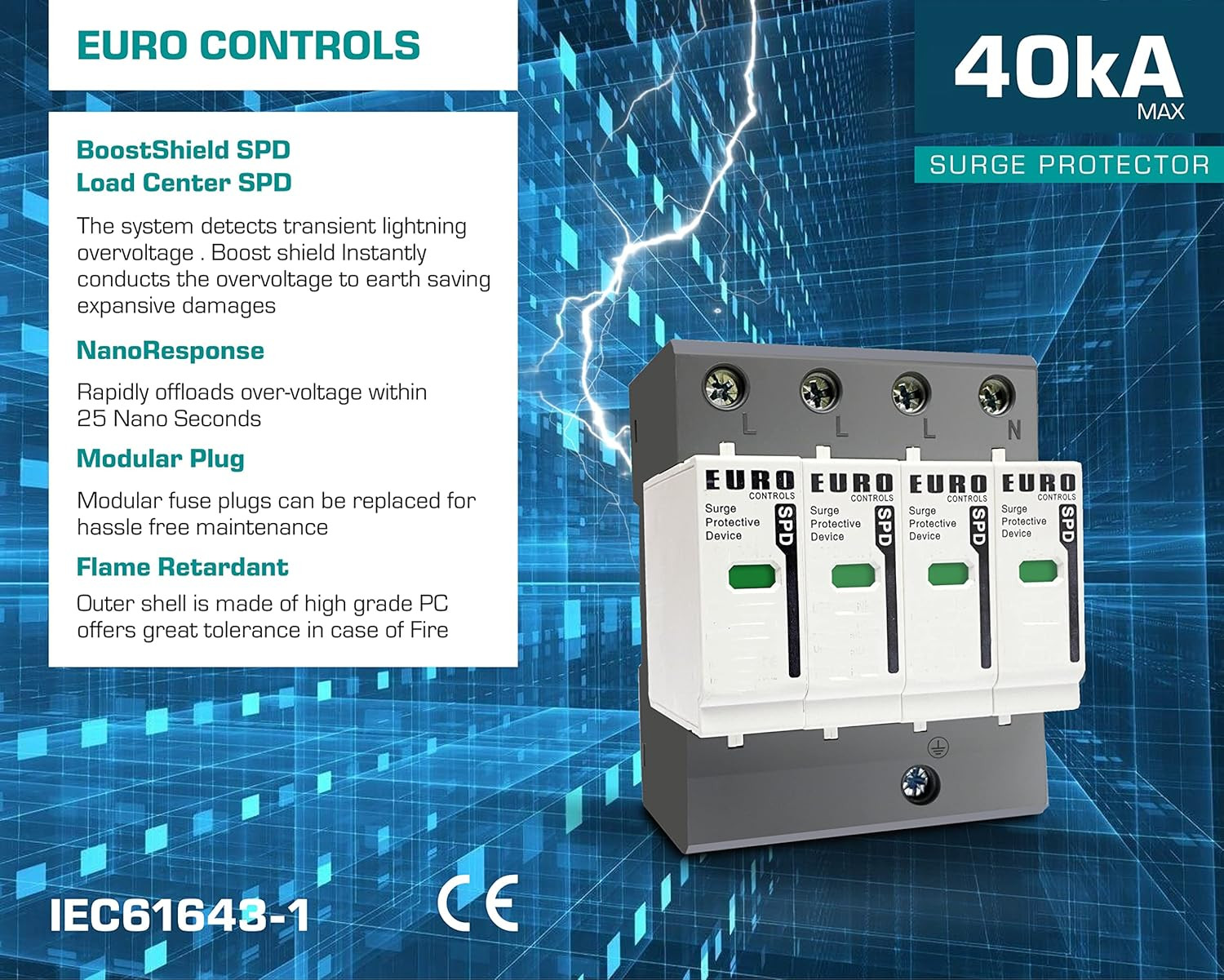 EuroControls Surge Protective Device SPD 20 to 40kA,Type1+2, Phase + Neutral + Earth (4 Pole 1000 Volt DC)