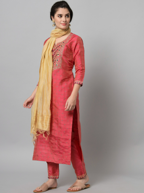 Magenta kurta and trouser set with zari embroidery