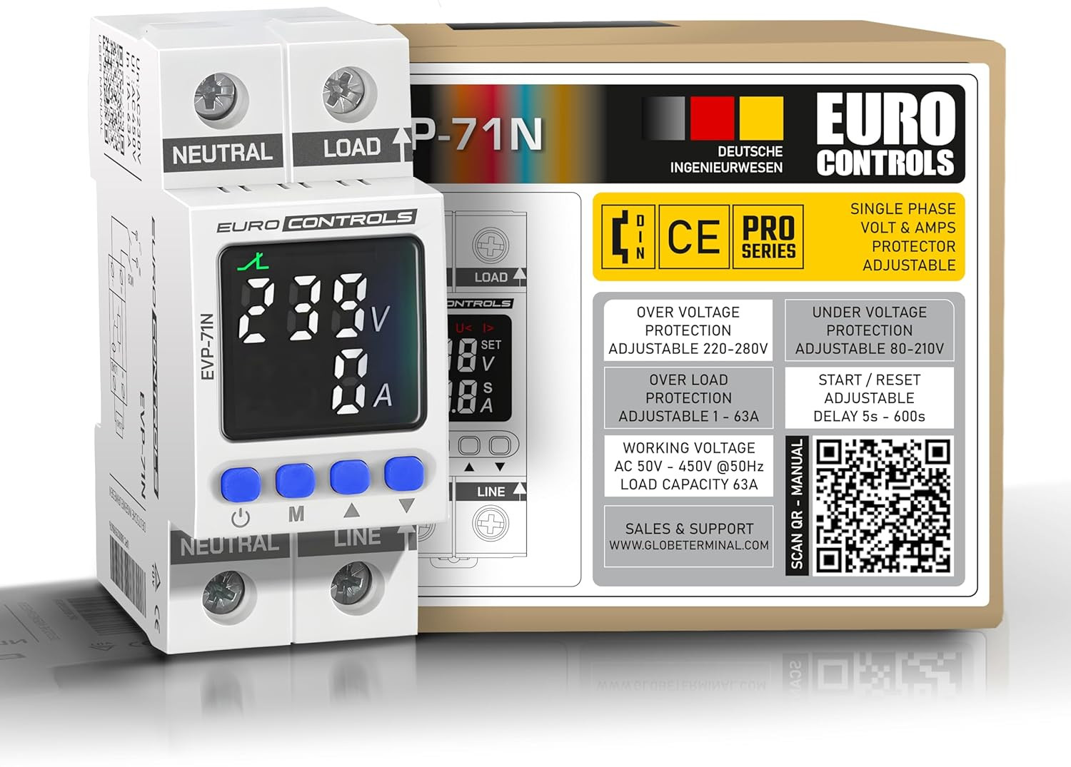 EuroControls EVP71N Volatge and Over Load Protector Switch Adjustable Volt and Amp with Display Single Phase with Passcode Lock On delay and Auto Trip or Recovery din Rail mounting 63A 2pole