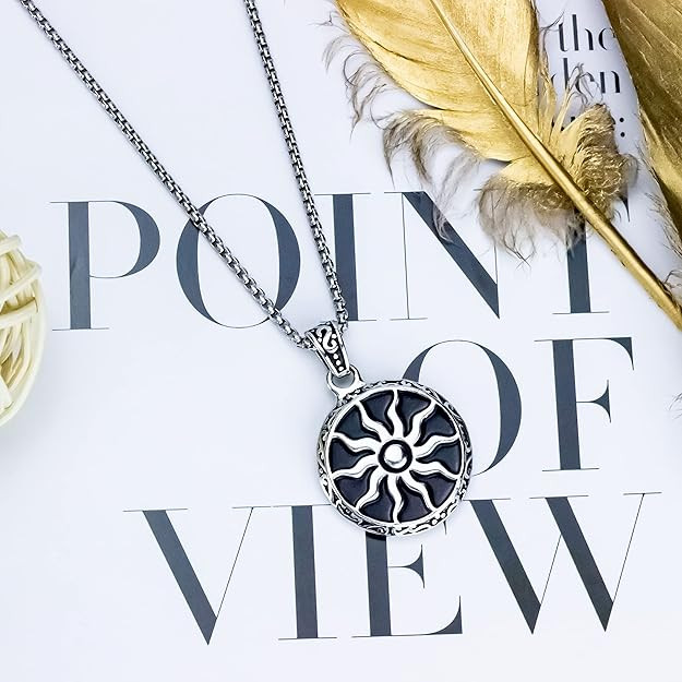 Fashion Frill Men's Jewellery Silver Chain For Men Sun Power Design Silver Pendant For Boys Men Stainless Steel Black Silver Locket Pendant Necklace For Boys And Men Anniversary Gift For Husband
