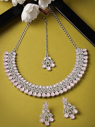 Sukkhi Exquisite Rhodium Plated Pink AD White Stone Collar Bone Necklace Set With Earring And Maangtika | Jewellery Set For Women