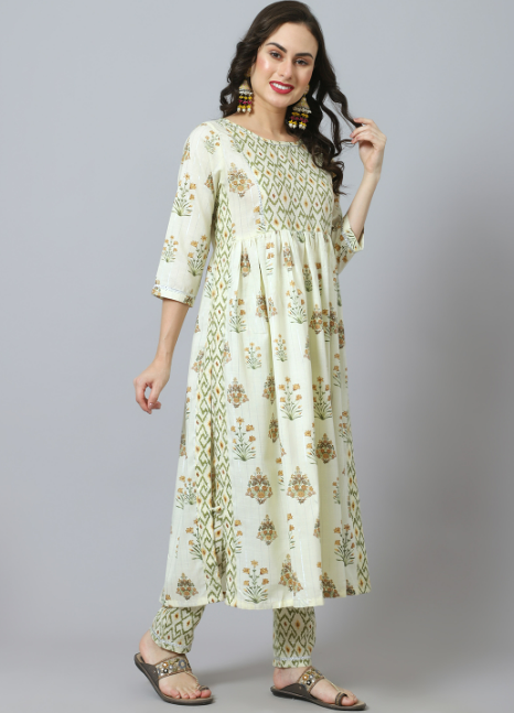 Lemon and brown floral print kurta set