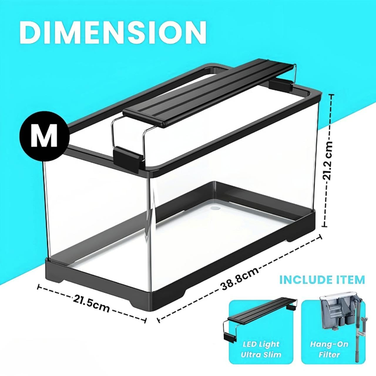 rizopets Unbreakable Curved Aquarium Fish Tank Set with Hang On Filter & Aquarium Light, Polycarbonate Material, Moulded Aquarium Tank (Medium 15.2L x 8.4W x 8.3H - Inches)