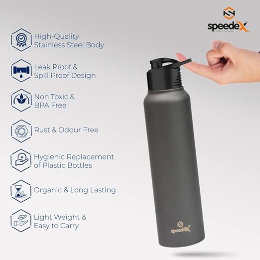 Speedex Stainless Steel Water Bottle 1 litre, Water Bottles For Fridge, School,Gym,Home,office,Boys, Girls, Kids, Leak Proof(DARK GREY COLOUR, SIPPER CAP, SET OF 1, 1000 ML)