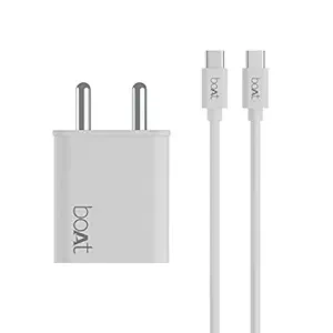 boAt WCDV 22.5W Dual Port Charger with 22.5W Power Delivery Support & 18W Quick Charge 3.0, Smart IC Protection, Auto Detection for Samsung, Xiaomi & Android Users with Type C to Type C Cable