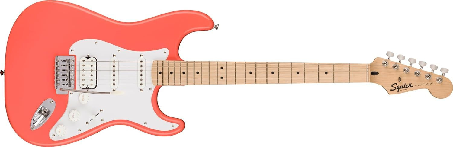 Squier By Fender 6 String Solid-Body Electric Guitar with Gig-Bag, Polishing Cloth, Strap, Picks & E-Book - Tahitian Coral