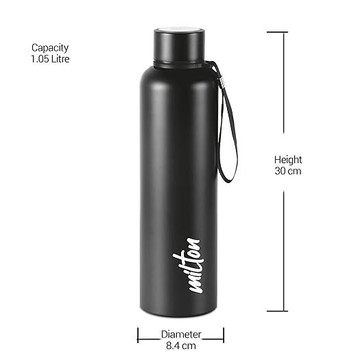 Milton Aura 1000 Thermosteel Bottle, 1.05 Litre, Black | 24 Hours Hot and Cold | Easy to Carry | Rust & Leak Proof | Tea | Coffee | Office| Gym | Home | Kitchen | Hiking | Trekking | Travel Bottle