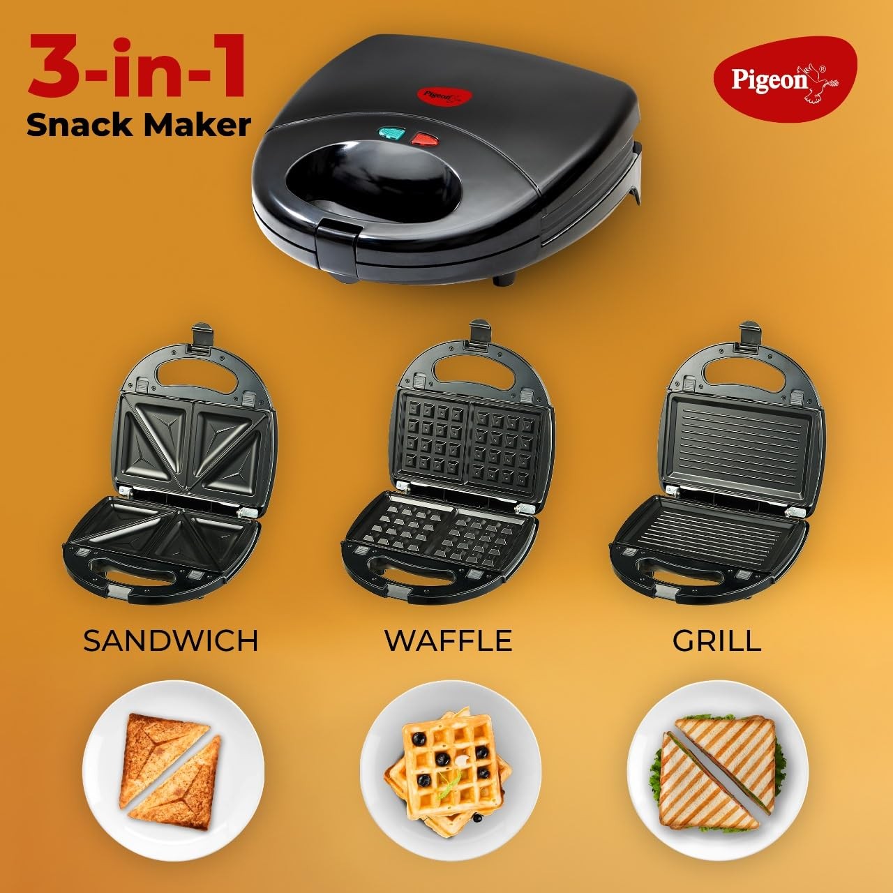 Pigeon by Stovekraft Sandwich Maker | 3 in 1 | 750 Watt (Black) | Snack Maker | Bread Toaster | Grill | Waffle Maker | Detachable Plates | 1 Year Warranty | Proudly Made in India