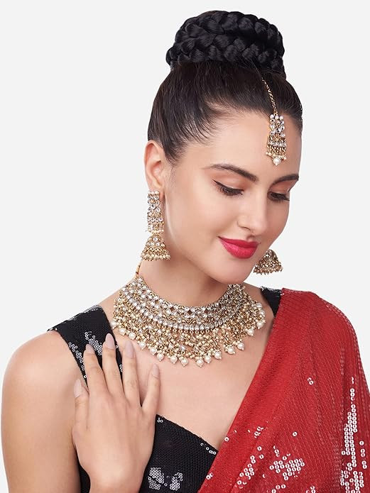 ZAVERI PEARLS Gold Tone Kundan & Pearls Bridal Choker Necklace Set For Women-ZPFK8454
