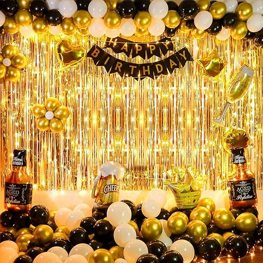 Party Propz Birthday Decoration Items - 53 Pcs, Happy Birthday Decoration Husband Wife | Golden Theme Birthday Decoration Items Boy Girl | Foil, Metallic Balloons, Curtain, Tape, Glue Dot for Decor