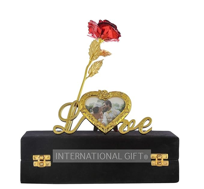 INTERNATIONAL GIFT® Foil Rose Flower Present with Heart Photo Frame Love Shape Stand and Luxury Black Gift Box (Gold)