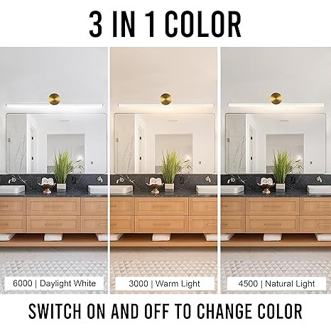Gesto 12W White Brass Finish 3 in 1 Color Picture Light, Dressing Table Lights | Vanity Lights |Bathroom Lights for Wash Basin | 19 Inch Wall Spotlight (Warm White | White | Neutral White)-Pack of 1