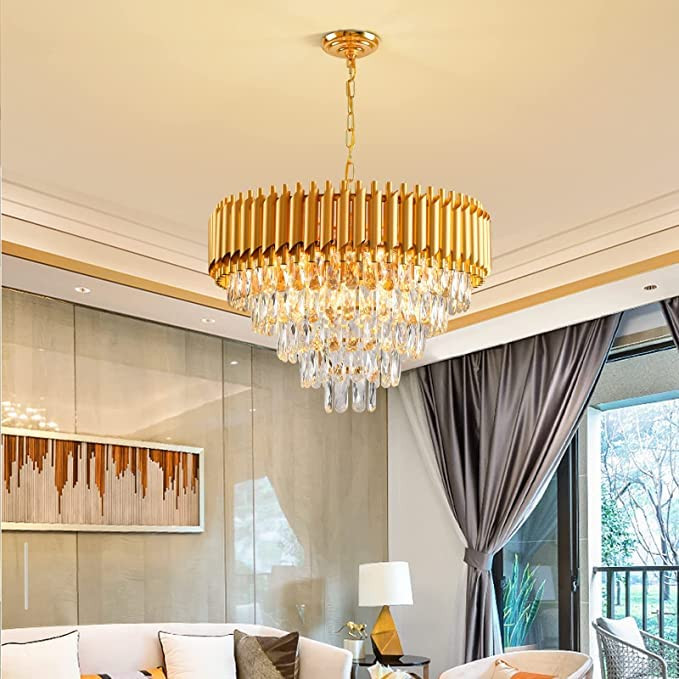 FLOSTON Modern Crystal 5-Tier Gold Chandeliers with Ceiling Light Fixture for Living Room Bedroom and Hallway 600mm