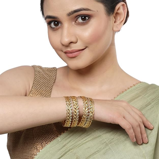 ZENEME Set Of 4 Gold-Plated Brass Dual Tone Leaf Textured Bangles for Women & Girls