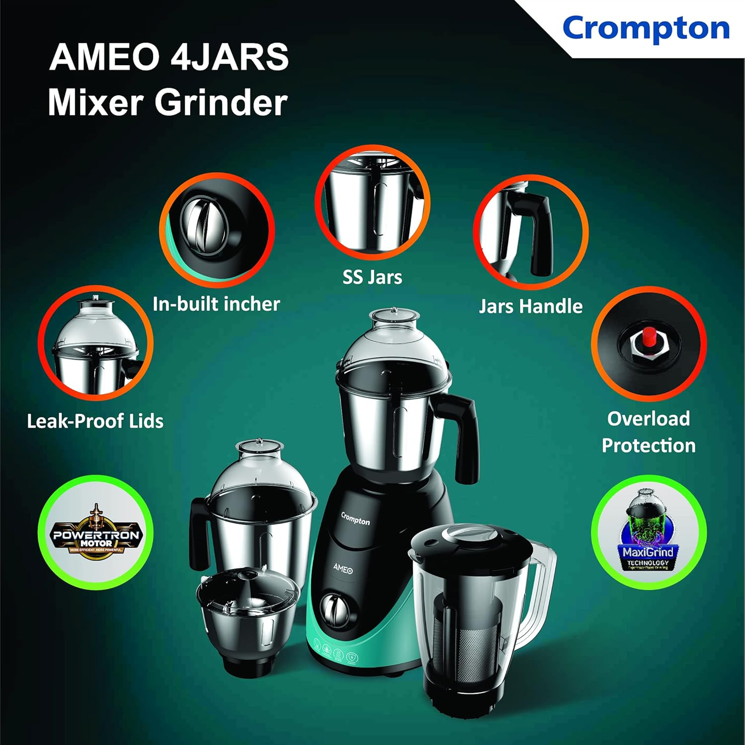 Crompton Ameo 750-Watt Mixer Grinder with MaxiGrind and Motor Vent-X Technology (3 Stainless Steel Jars and 1 Juicer Jar, Black & Green) (AMEO-4JARS)