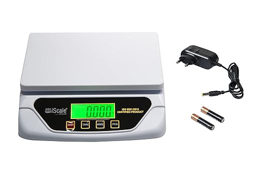 iScale Digital Kitchen and Multipurpose Weighing Machine Capacity upto 30Kg with Direct Power Adapter, best suitable for 5-10kg weighing; Small Pan Size 21.5 x 17.5 cm (Not legal for commercial use)