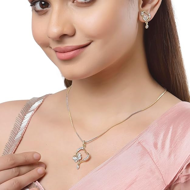 ZENEME Jewellery Set Gold Plated American Diamond Heart Shape and Crystal Style Pendant Necklace Set for Women and Girls Set Of 3