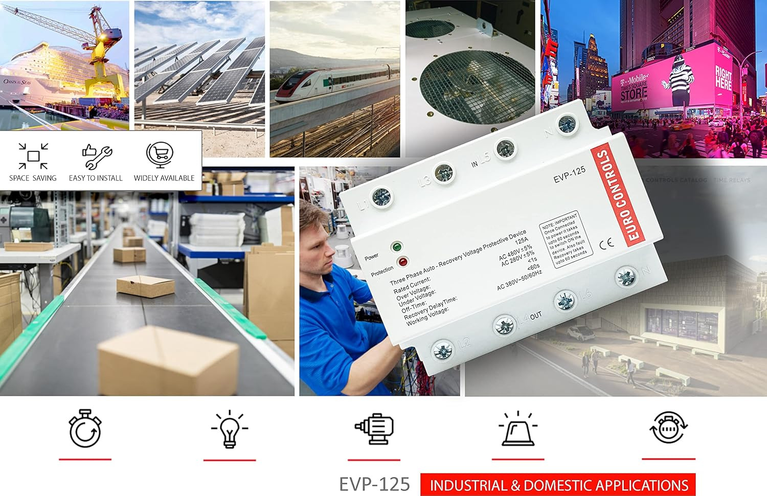 EuroControls Surge Protector Switch Euro Evp-125 125A three phase four pole automatic over under voltage protector with auto recovery