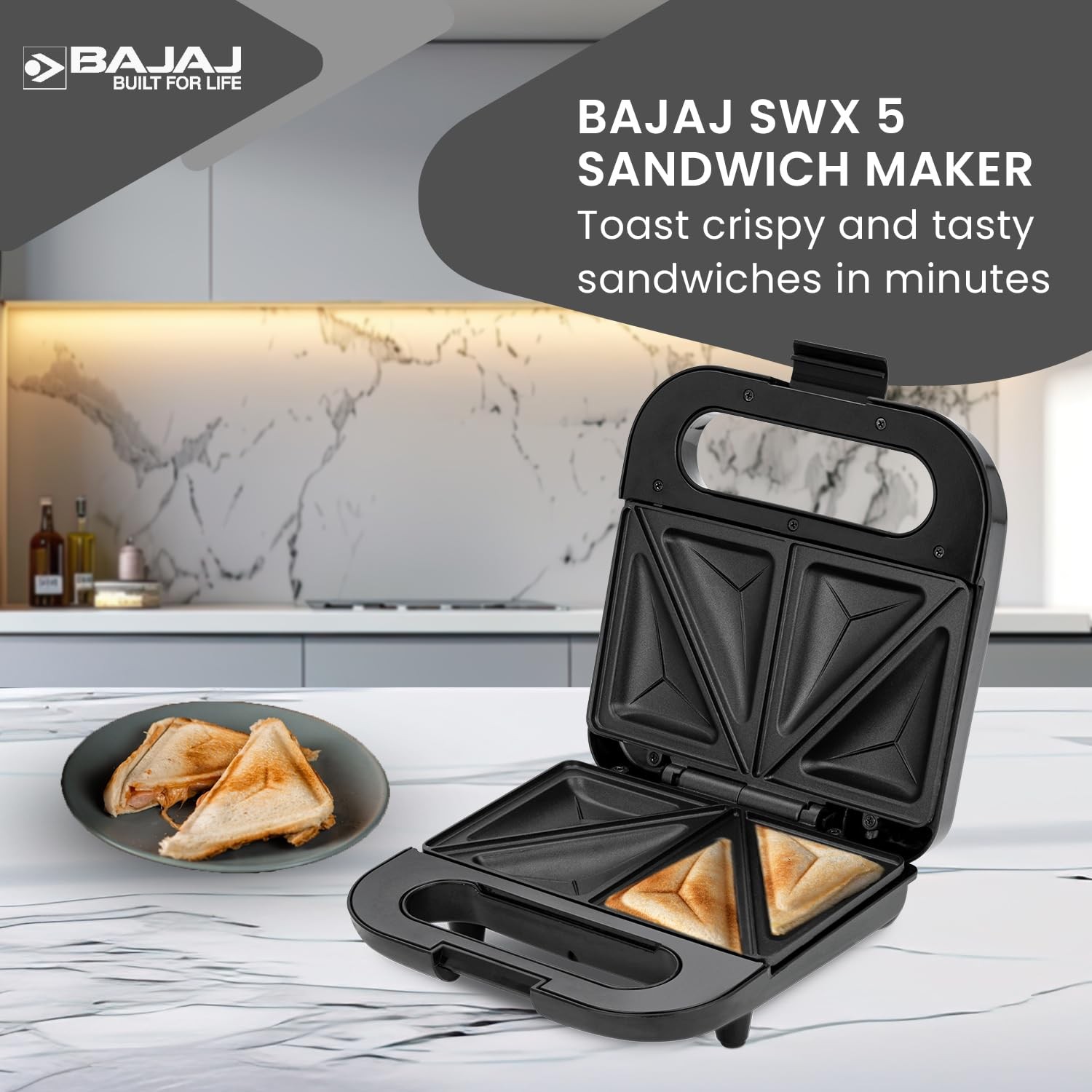 Bajaj SWX 5 800-Watt 2-Slice Sandwich Toaster | Non-Stick Coated Plates for Easy-to-Clean | Upright Compact Storage | Buckle Clips Lock | 2 Years Warranty | Black