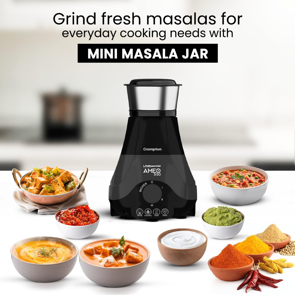 Crompton Ameo 550-Watt Mixer Grinder with MaxiGrind and Motor Vent-X Technology (4 Stainless Steel Jars, Black & BLue)