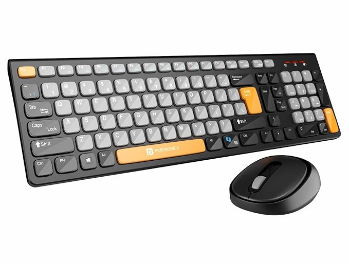 Portronics Key7 Combo Wireless Keyboard & Mouse Set with 2.4 GHz USB Receiver, 10m Working Range, 12 Shortcut Keys, Adjustable DPI, 10 Million Key Life & Click Life for PC, Laptop, Mac (Grey+Orange)