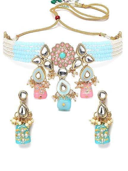 Karatcart Gold Plated Pink and Light Blue Beaded Kundan Jewellery Set for Women