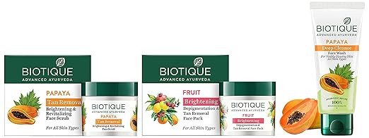 Biotique Bio Papaya Exfoliating Face Wash + Bio Papaya Revitalizing Tan Removal Scrub + Bio Fruit Whitening And Depigmentation Face Pack For All Skin Types