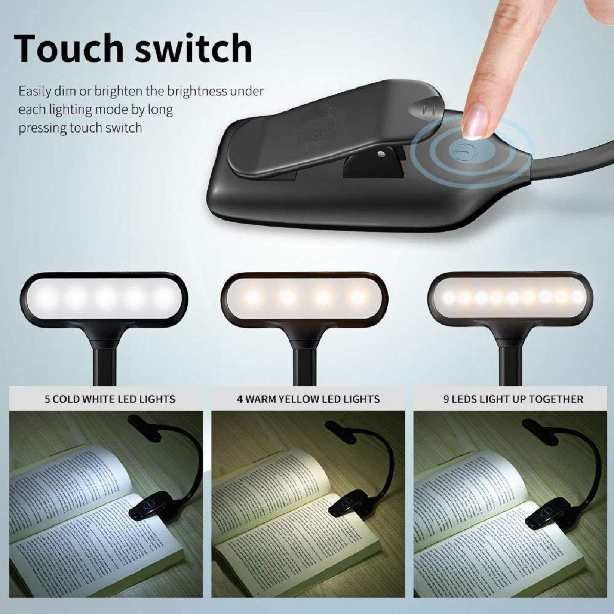 HOPOPOYE Book Reading Light with Clip - Book Light for Night Reading- Book lamp Light- Study Table Night Reading Lamp for Bed Side Rechargeable USB LED with 3 Modes for Laptop,Kindle,Stand - (Black)