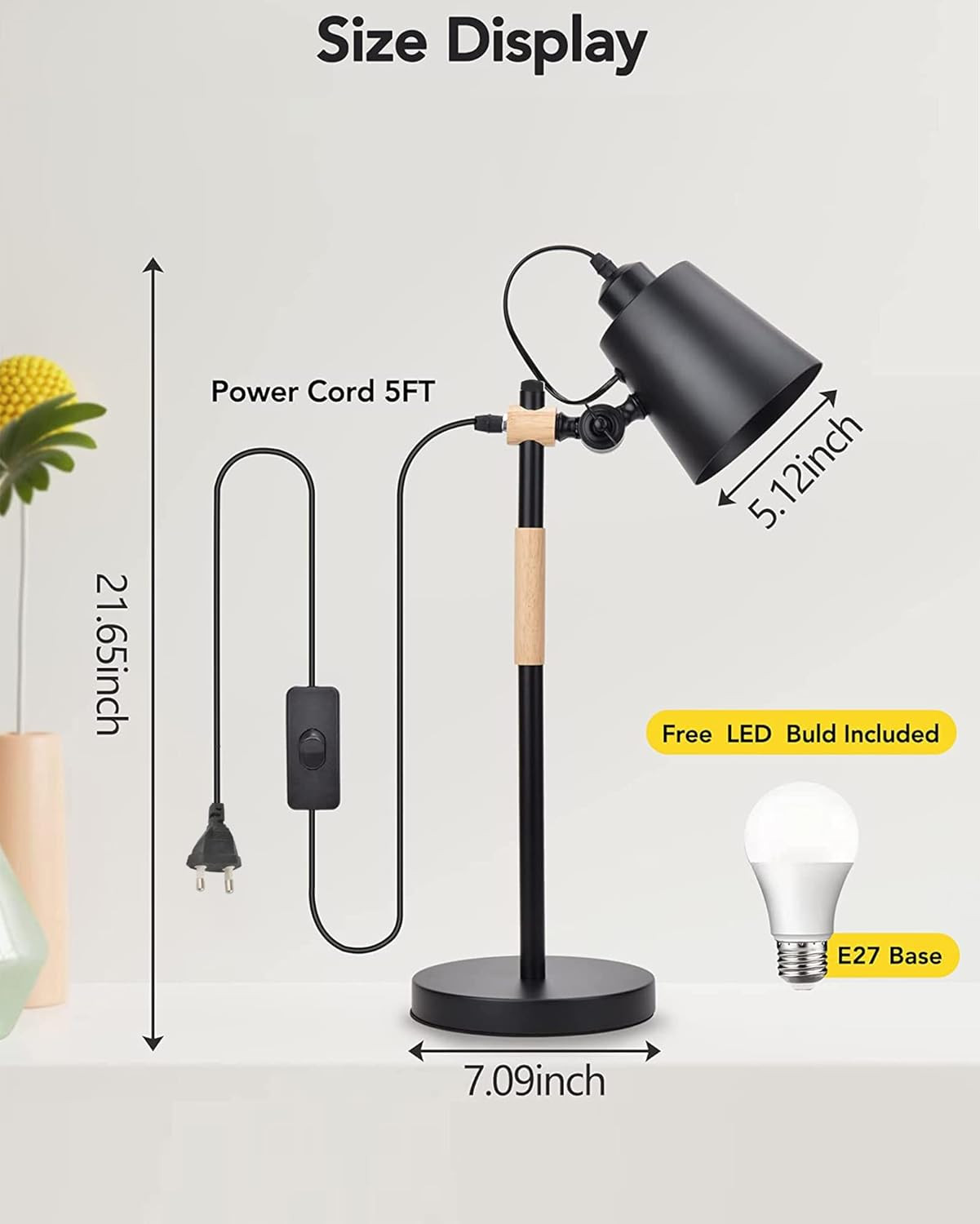 Homesake® Nordic Style Metal Desk Lamp,Modern Minimalist Adjustable Reading Lamp with Solid Natural Wood, (Desk Lamp Black)