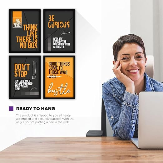 FATMUG Synthetic Framed Wall Paintings Inspiring Quotes For Office And Home, With Glass Multicolour-Set Of 4 (Set 5 Four A3)