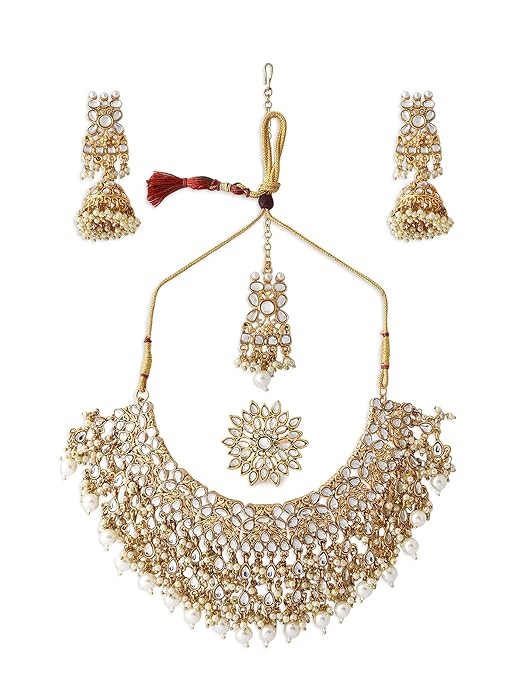 ZAVERI PEARLS Gold Tone Kundan Choker Necklace Earring Maangtikka & Ring Set For Women-ZPFK10799