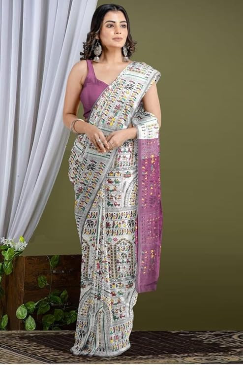 Maa Laxmi Handloom Madhubani Print Cotton Silk Saree With Running Blouse Piece, SKU_014