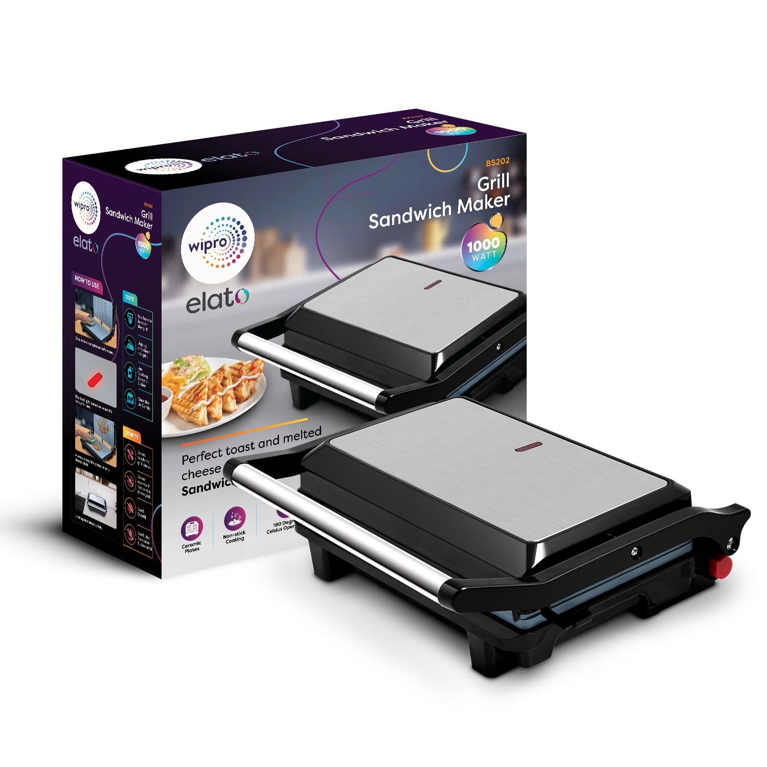 Wipro Elato BS202 1000 Watt Ceramic Grill Sandwich Maker, Scratch Resistant, 180° Open Sandwich Griller, Auto Cutoff, Non Toxic BPA, PTFE & PFOA Free, 2 Year Warranty, Regular Bread Size for 2 Slices