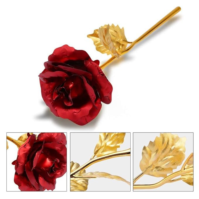 INTERNATIONAL GIFT Red Rose Flower with Golden Leaf with Gift Box with Carry Bag 29 cm x 10 cm x 10 cm