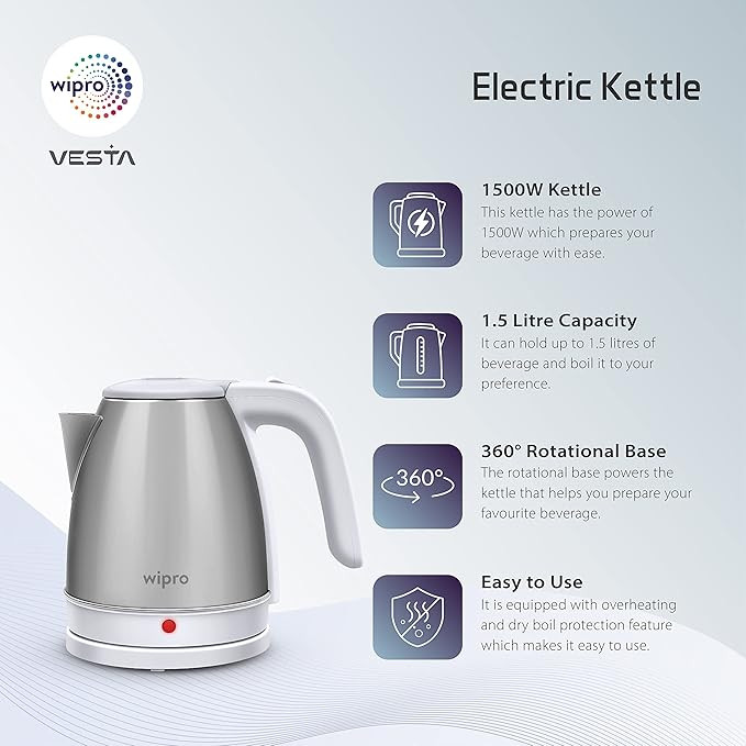 Wipro Vesta Electric Kettle Stainless Steel|1500W|Auto Shut-Off|Boil Dry Protection|360° Rotating Base|Single Touch Lid Locking|Power Plug, White, Standard (Va011150) - 1500 Watts, 1.5 Litres