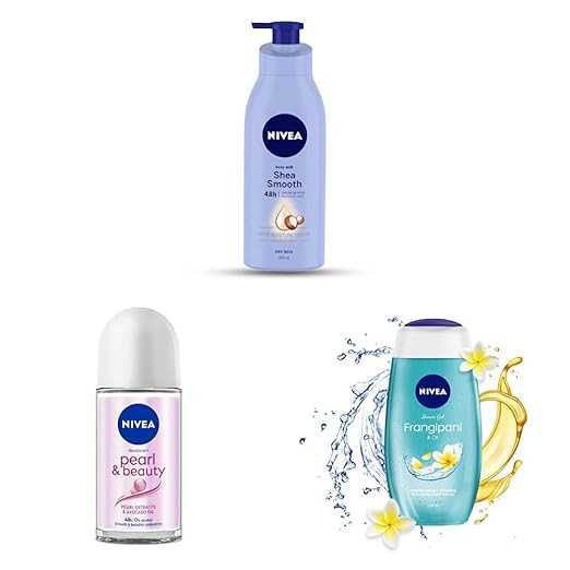 NIVEA Body Lotion for Dry Skin, 400 ml & NIVEA Deodorant Roll On, Pearl & Beauty For Women 50ml & NIVEA Shower Gel, Frangipani & Oil Body Wash, Women, 250ml