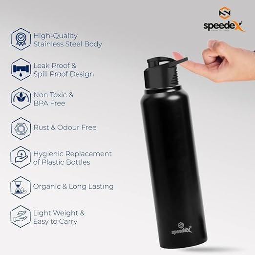 Click to open expanded view   2 VIDEOS      Speedex Stainless Steel Water Bottle 1 litre, Water Bottles For Fridge, School,Gym,Home,office,Boys, Girls, Kids, Leak Proof(BLACK COLOUR, SIPPER CAP, SET O