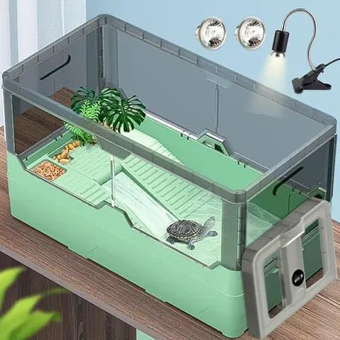 rizopets Turtle Tank kit with Filter+Water Pump+Heat lamp, Wheels, Easy to Move, Imitate The Natural Flows, Suitable for Small Turtle Horned Frog Hermit (Medium) Size 44cm x 22 cm x 25 cm (Medium)