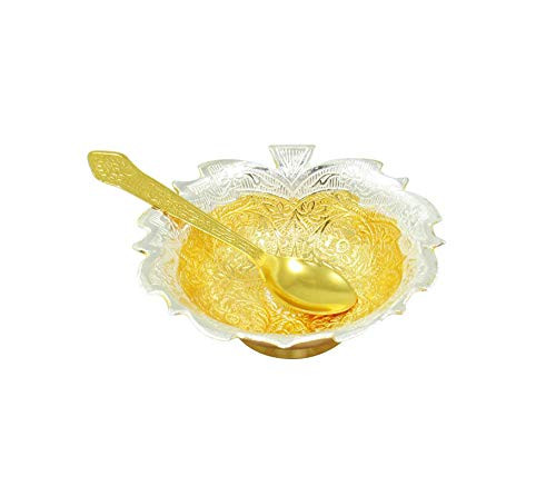 INTERNATIONAL GIFT® German Silver Brass Round Bowl Set with Tray and Spoon with Royal Royal Luxury Velvet Box Used for Dry Fruit, Sweets and Home Decor