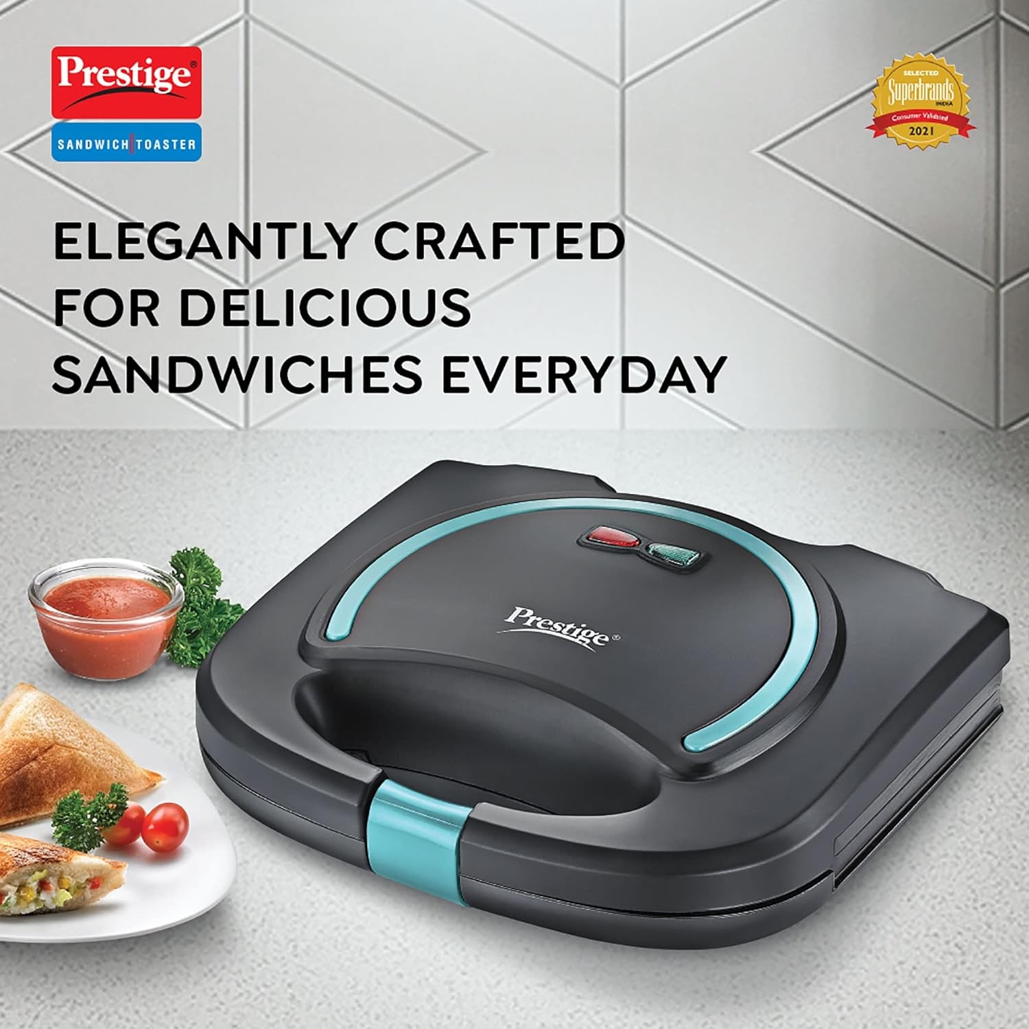 Prestige PSMFB (D) 800W Sandwich Toaster with die cast Aluminium Sandwich Plates|Power Indicators|Non-Stick Coating|Black|1 Year Warranty