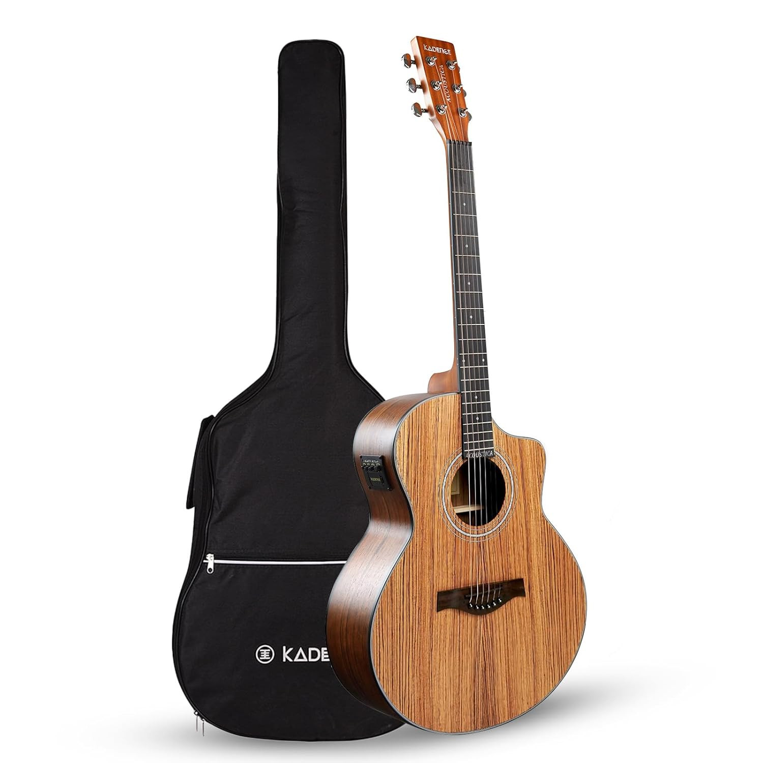 Kadence Guitar Acoustica Series (Grand Auditorium body) Semi Acoustic Zebra Wood Guitar with EQ, Padded bag and Learning Course - Light Brown (A05EQN)