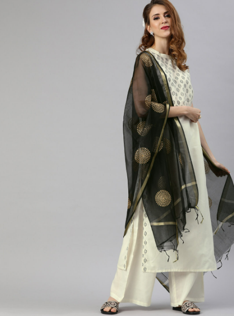 White Yoke Design Pure Cotton Kurta with Palazzos & With Dupatta