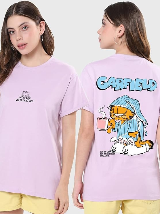 Bewakoof Official Garfield Merchandise Women's Graphic Printed Boyfriend Fit Half Sleeve Round Neck