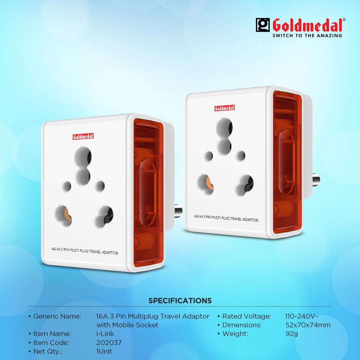 Goldmedal 16A i-Link 3 Pin Universal Travel Adaptor - White (Pack of 1) | Ideal Travel Companion | Durable & Reliable