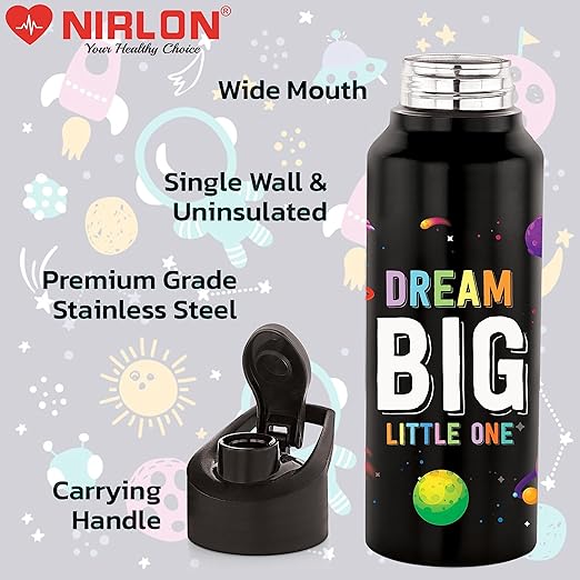 NIRLON Stainless Steel Single Walled Water Bottle 750ml, Water Bottles For Fridge, School,Gym,Home,office,Boys, Girls, Kids, Leak Proof (UV Printed Bottle, Dream Big, Sipper Cap)
