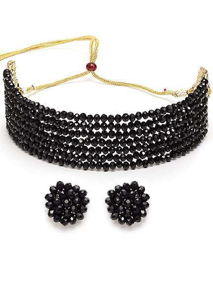 Karatcart Black Crystal Beaded Choker Necklace Setfor Women