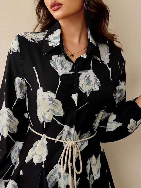 Leriya Fashion Elegant Women's Long-Sleeve | Floral Print | Button-Down | A-Line Mini Dress for Women