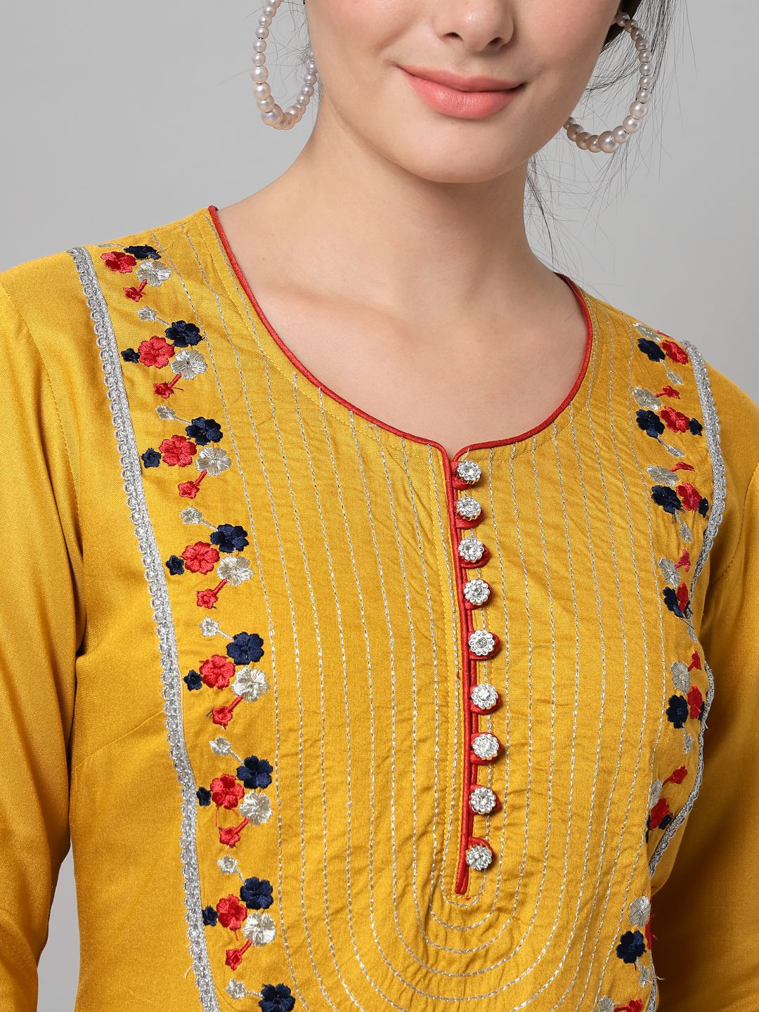 Mustard rayon embroidered kurta trouser set with dupatta
