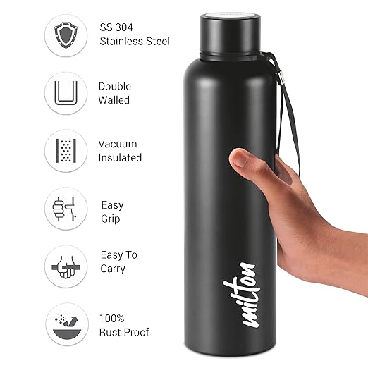 Milton Aura 1000 Thermosteel Bottle, 1.05 Litre, Black | 24 Hours Hot and Cold | Easy to Carry | Rust & Leak Proof | Tea | Coffee | Office| Gym | Home | Kitchen | Hiking | Trekking | Travel Bottle